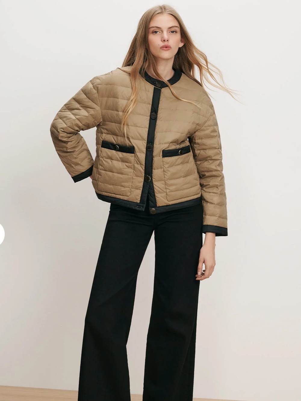 Veronica Beard Pearson Puffer Dickey Jacket Beige Down Collarless, XS S M L